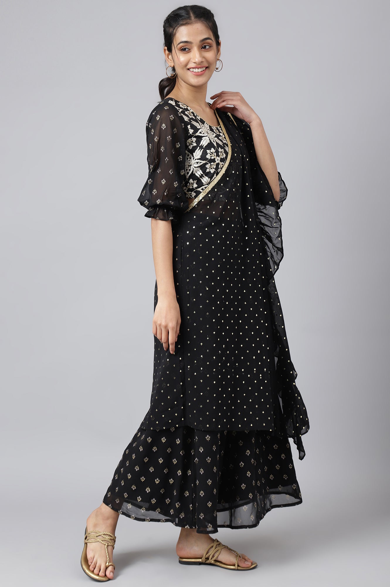 Black Embroidered Top With Semi Flared Palazzo And Dupatta