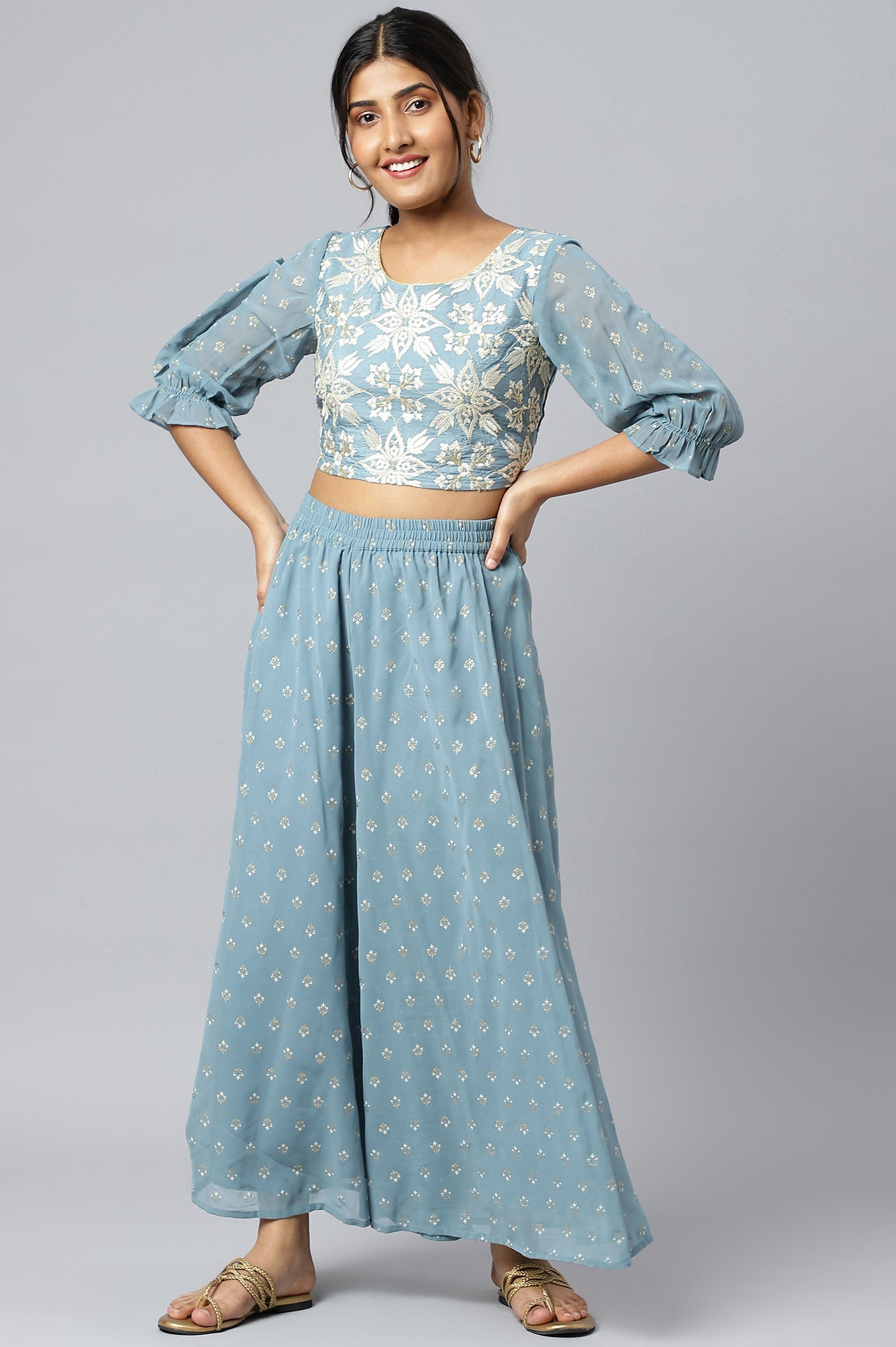 Blue Mist Embroidered Crop Top with Palazzo and Drape