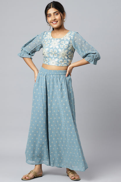 Blue Mist Embroidered Crop Top with Palazzo and Drape