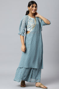 Blue Mist Embroidered Crop Top with Palazzo and Drape