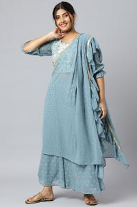 Blue Mist Embroidered Crop Top with Palazzo and Drape
