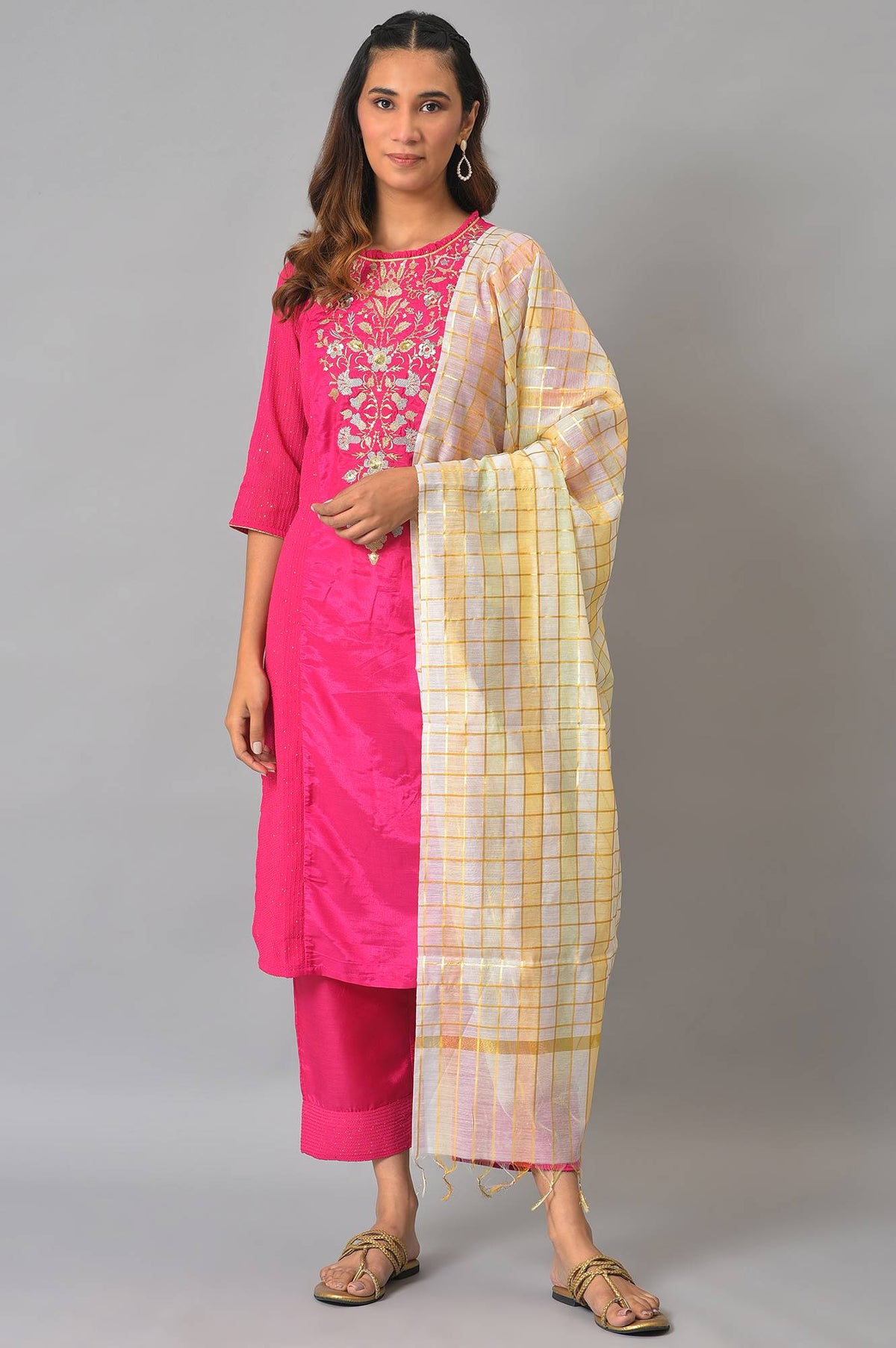 Rani Pink Embroidered Kurta With Palazzos And Dupatta - S