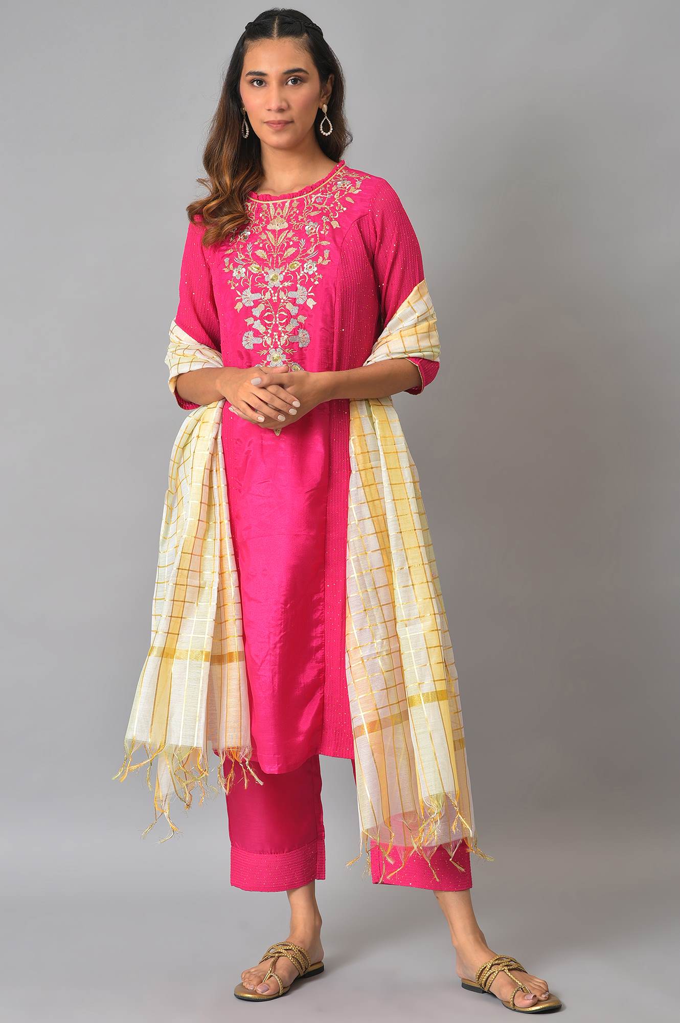 Rani Pink Embroidered Kurta With Palazzos And Dupatta