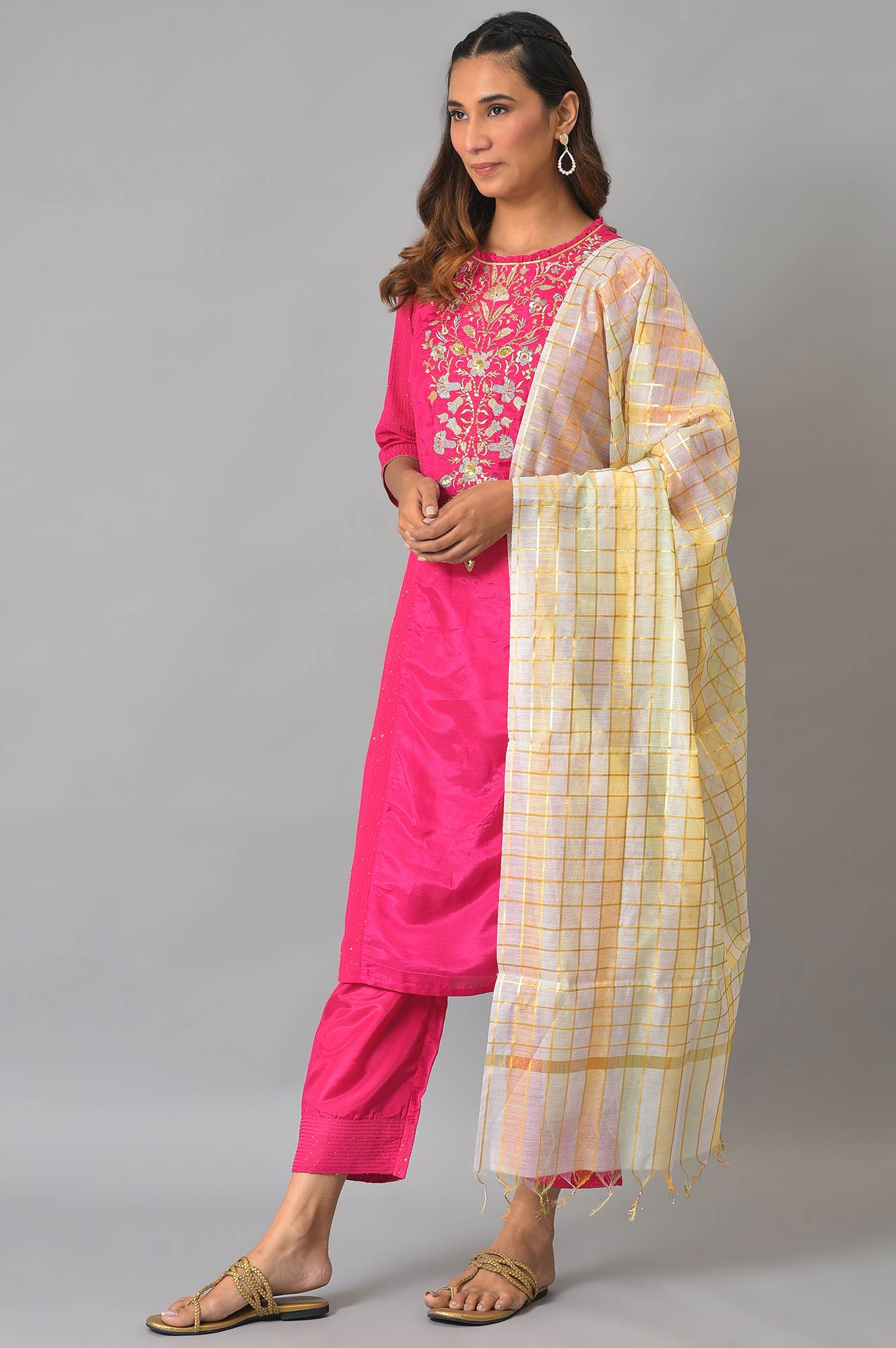 Rani Pink Embroidered Kurta With Palazzos And Dupatta