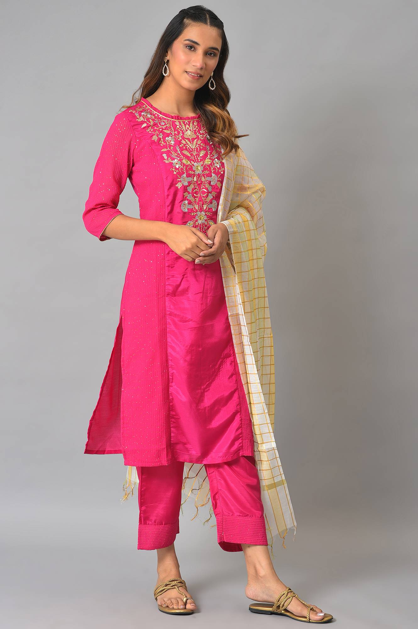 Rani Pink Embroidered Kurta With Palazzos And Dupatta