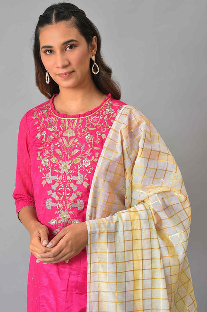 Rani Pink Embroidered Kurta With Palazzos And Dupatta