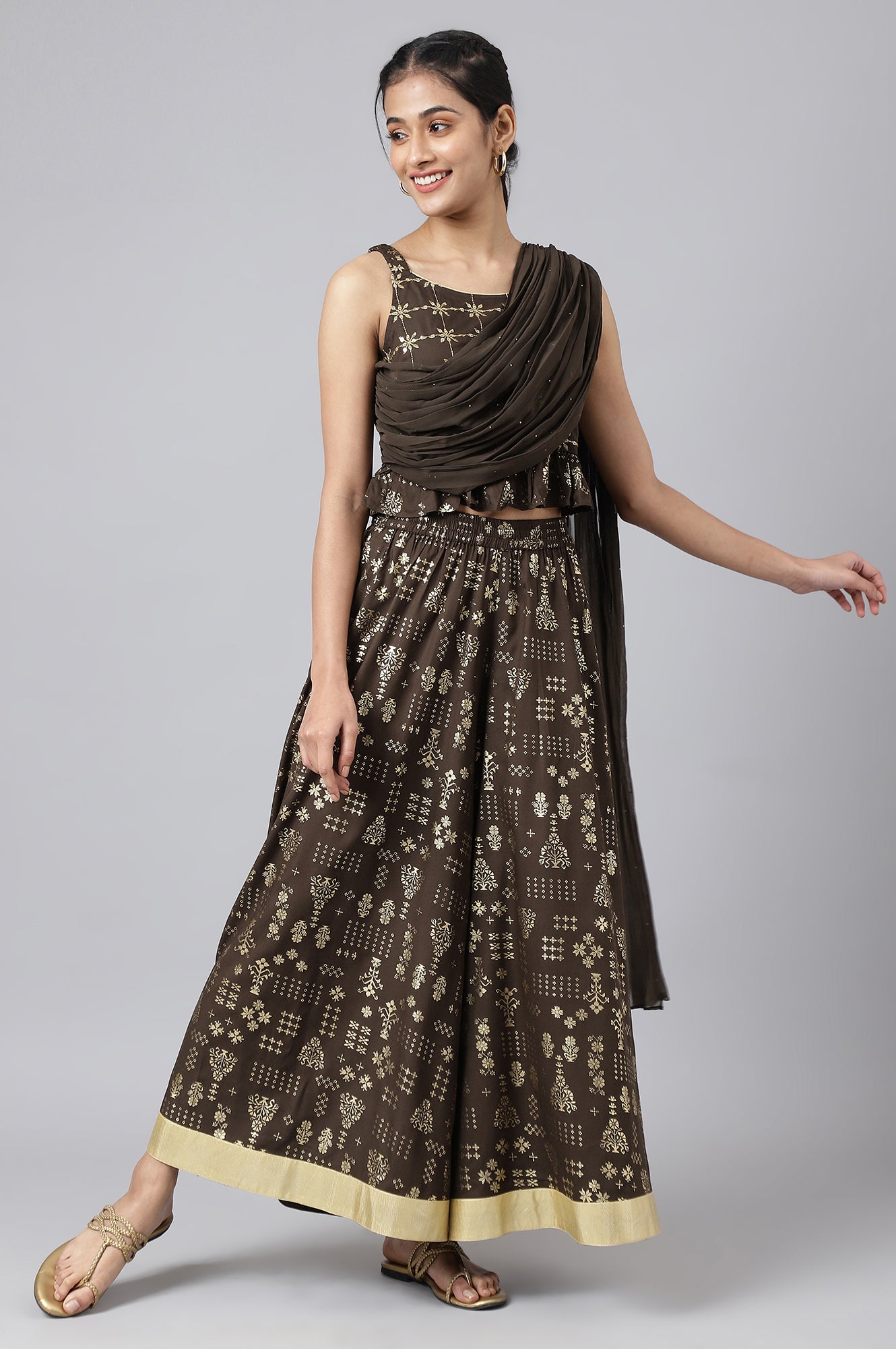 Brown Crop Top with Attached Dupatta and Semi Flared Palazzo Set