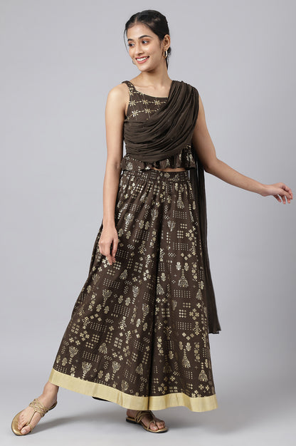 Brown Crop Top with Attached Dupatta and Semi Flared Palazzo Set