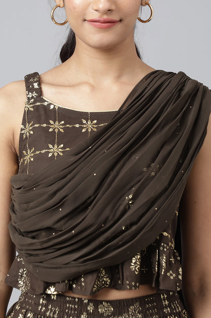 Brown Crop Top with Attached Dupatta and Semi Flared Palazzo Set