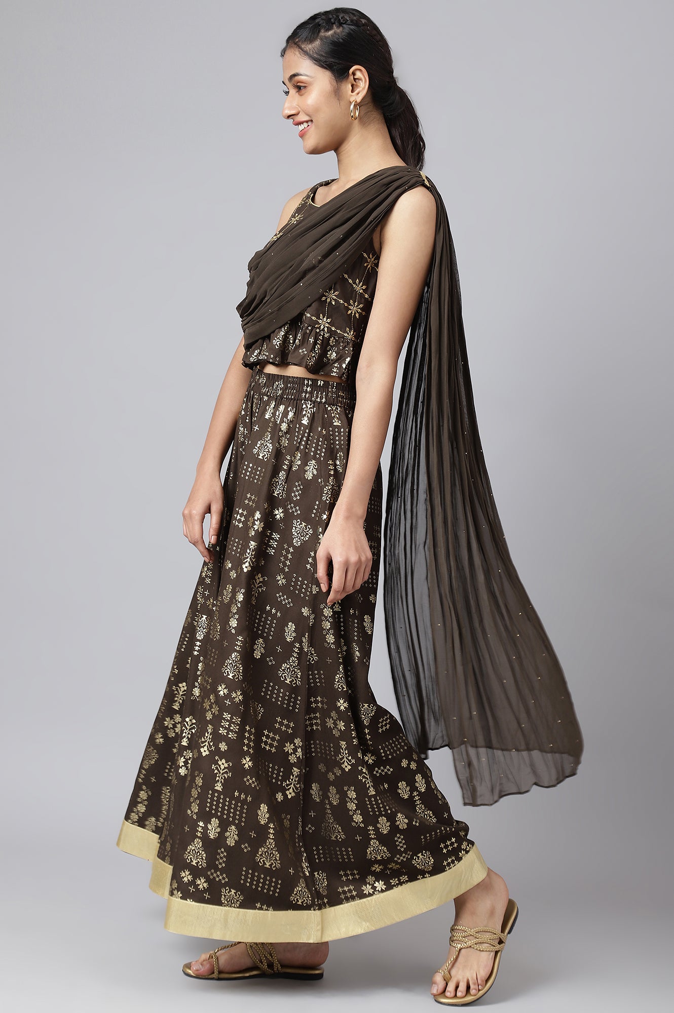 Brown Crop Top with Attached Dupatta and Semi Flared Palazzo Set