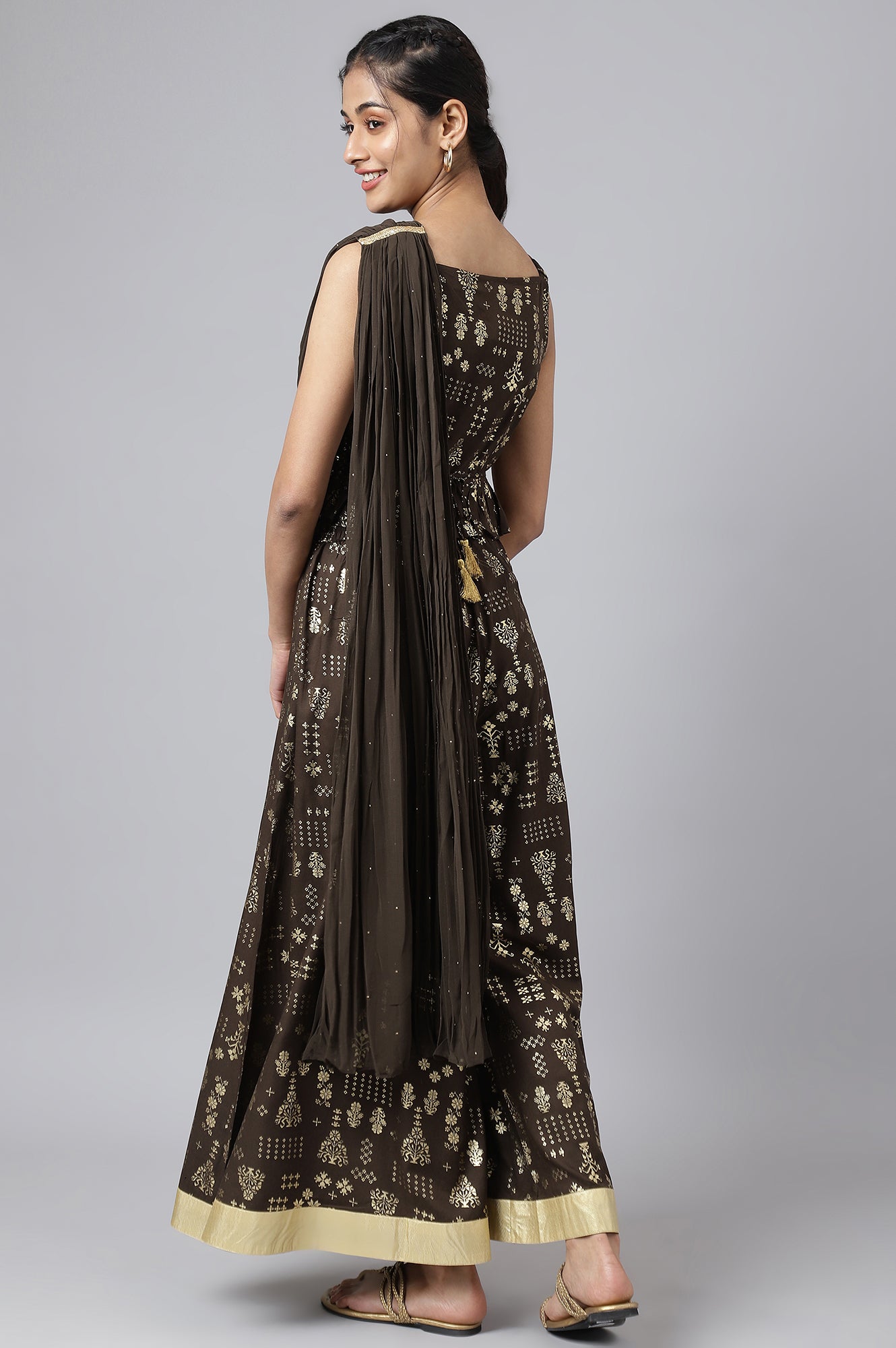 Brown Crop Top with Attached Dupatta and Semi Flared Palazzo Set