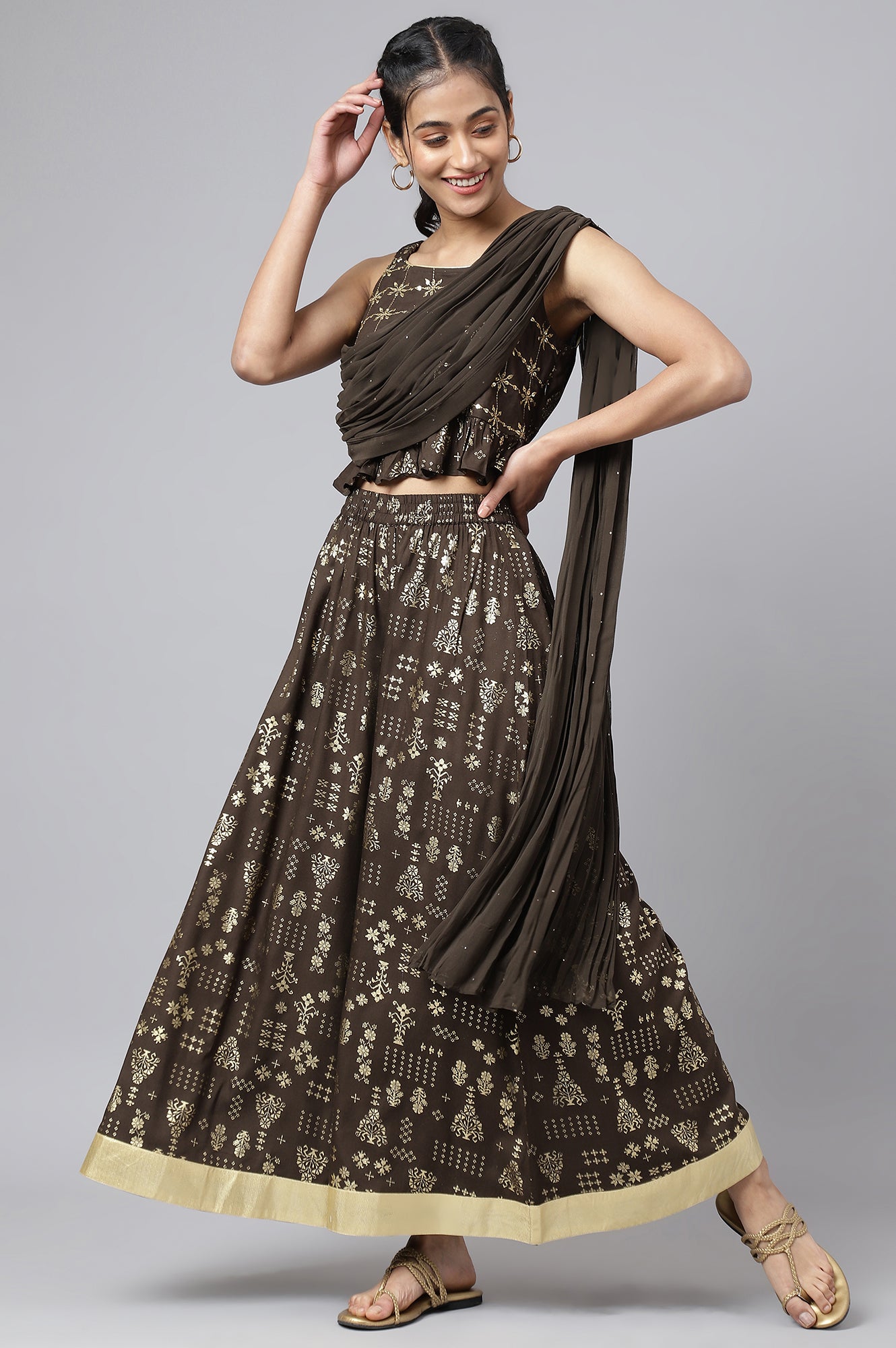 Brown Crop Top with Attached Dupatta and Semi Flared Palazzo Set