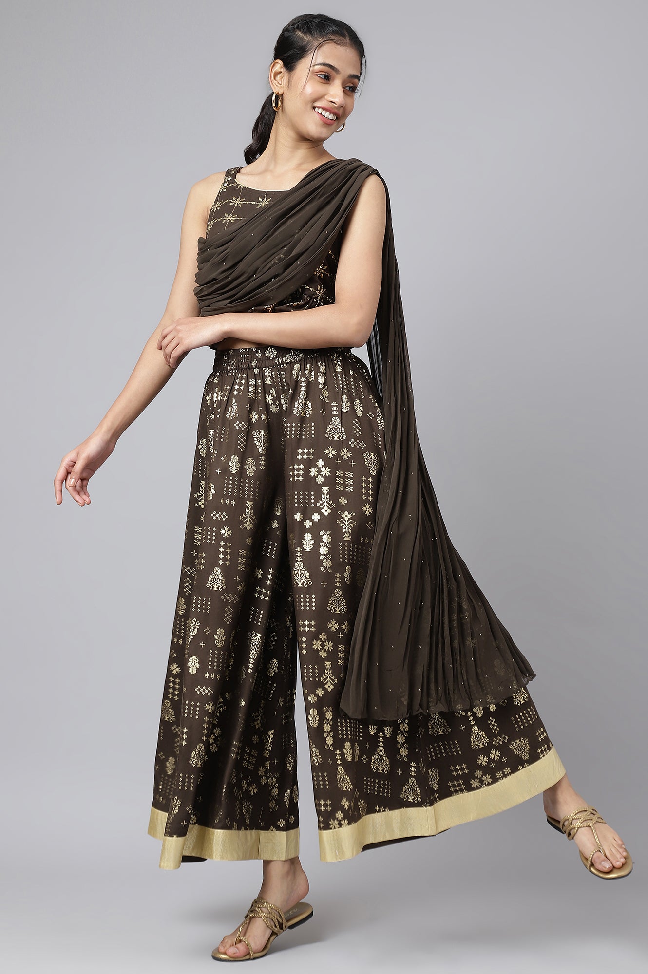 Brown Crop Top with Attached Dupatta and Semi Flared Palazzo Set