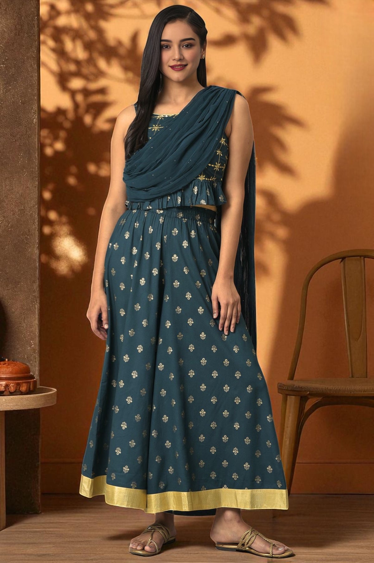 Liva Blue Crop Top With Attached Dupatta And Semi Flared Palazzo Set - S