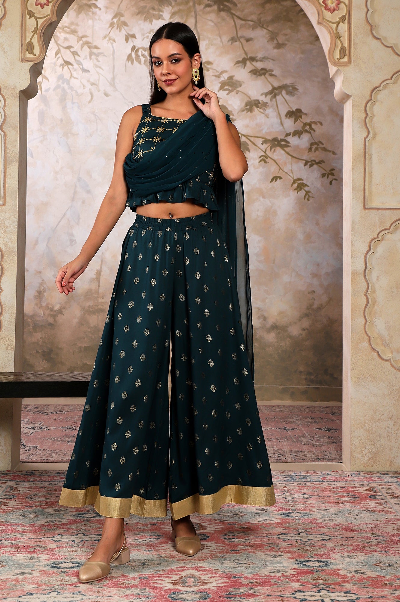 Liva Blue Crop Top With Attached Dupatta And Semi Flared Palazzo Set