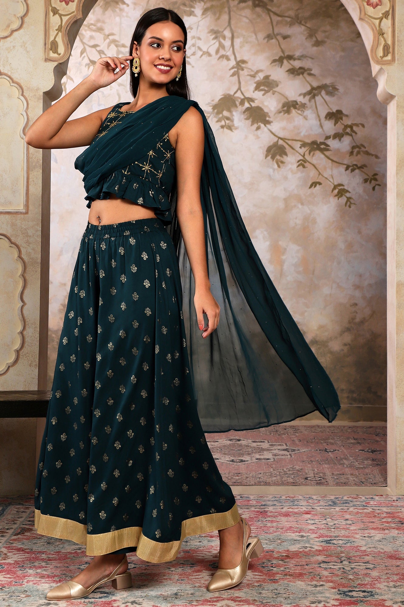 Liva Blue Crop Top With Attached Dupatta And Semi Flared Palazzo Set