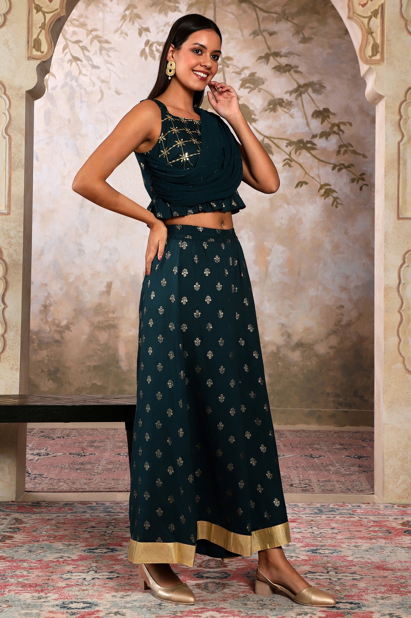 Liva Blue Crop Top With Attached Dupatta And Semi Flared Palazzo Set