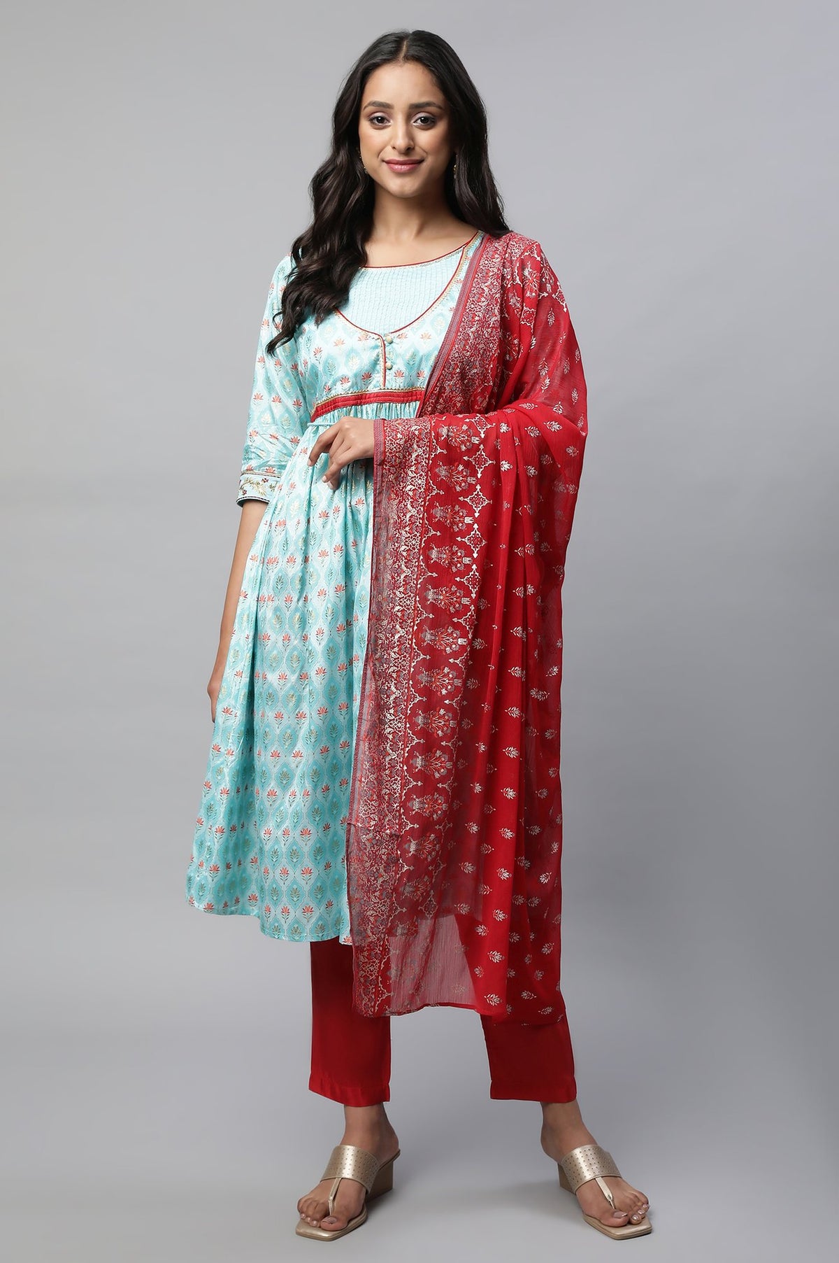 Blue Floral Printed kurta Set - S