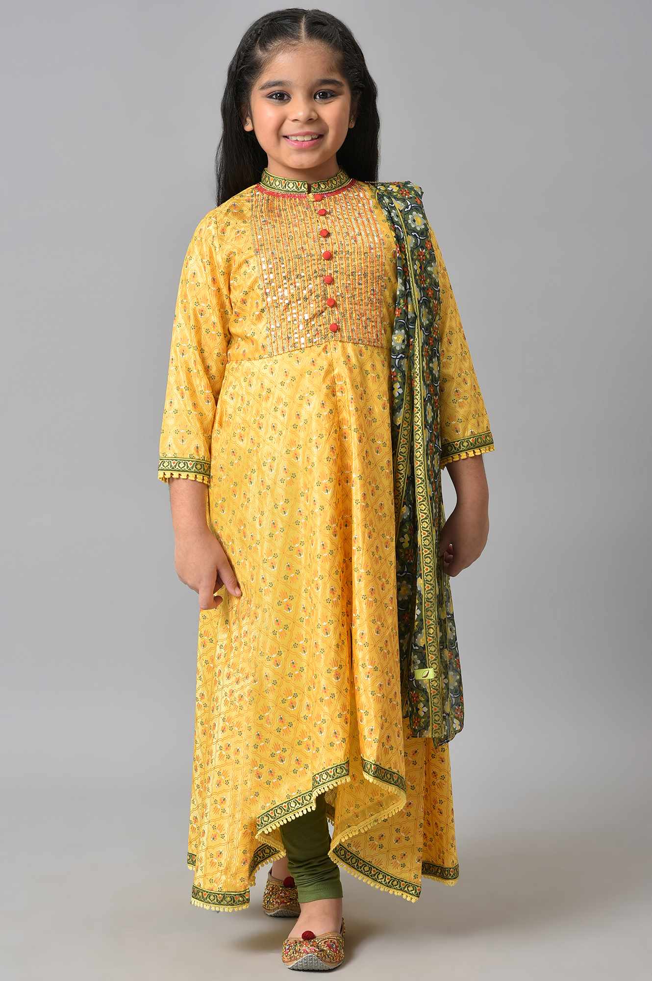 Girls Yellow Sequined kurta With Green Tights And Dupatta