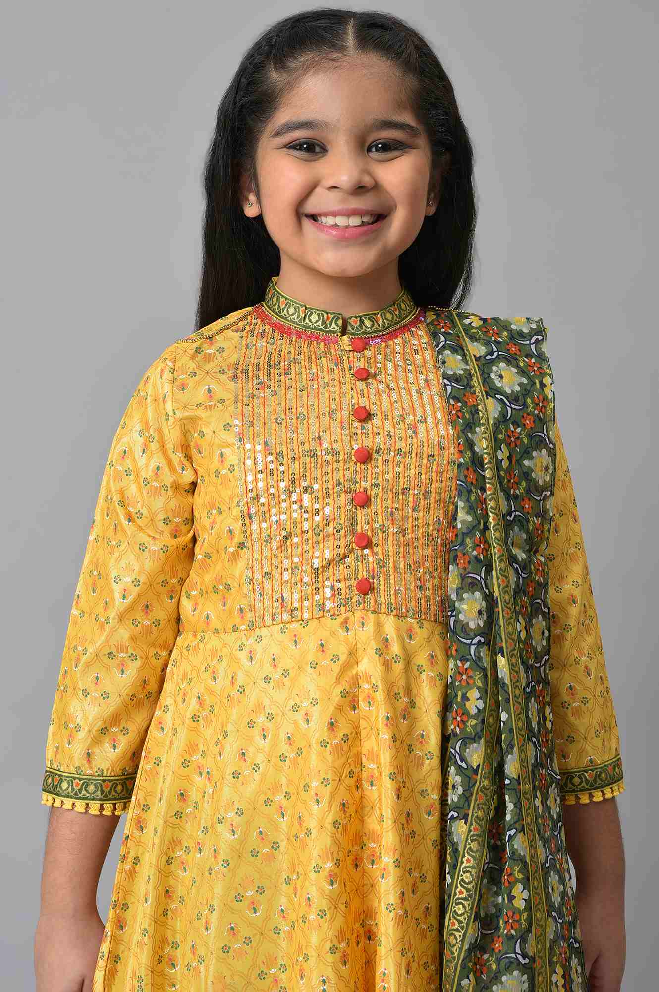 Girls Yellow Sequined kurta With Green Tights And Dupatta