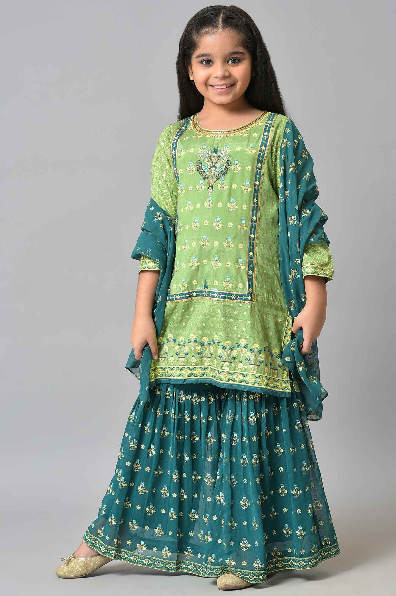 Girls LIVA Green Foil Print kurta with Sharara and Dupatta