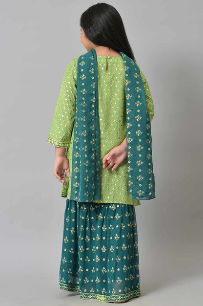 Girls LIVA Green Foil Print kurta with Sharara and Dupatta