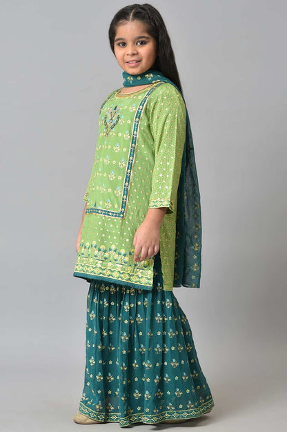 Girls LIVA Green Foil Print kurta with Sharara and Dupatta