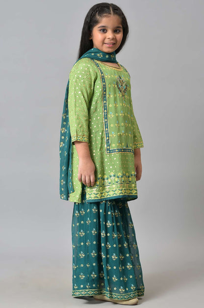 Girls LIVA Green Foil Print kurta with Sharara and Dupatta