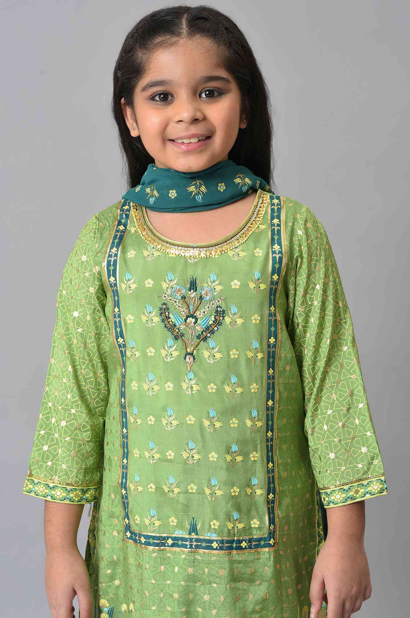 Girls LIVA Green Foil Print kurta with Sharara and Dupatta