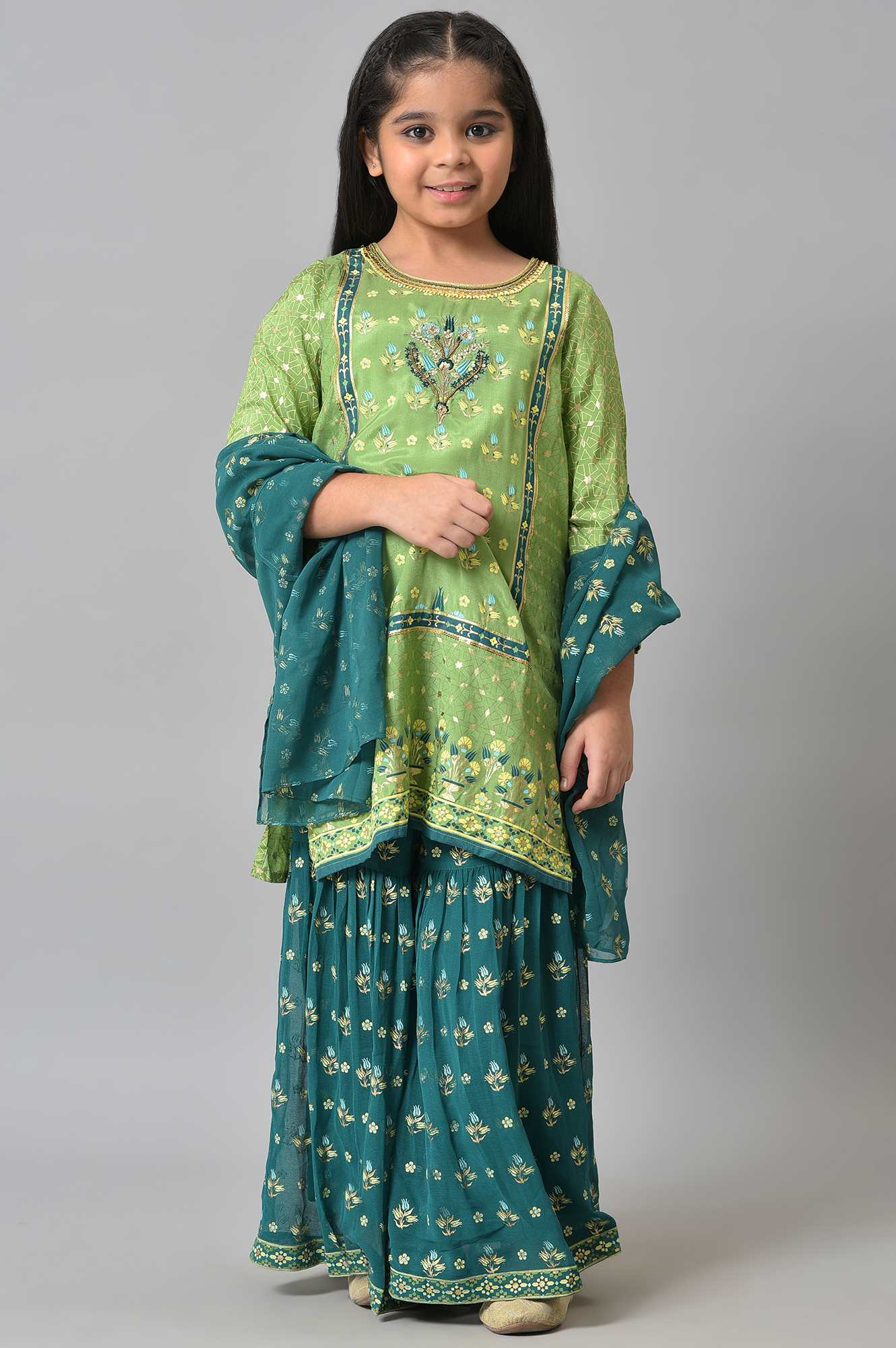 Girls LIVA Green Foil Print kurta with Sharara and Dupatta