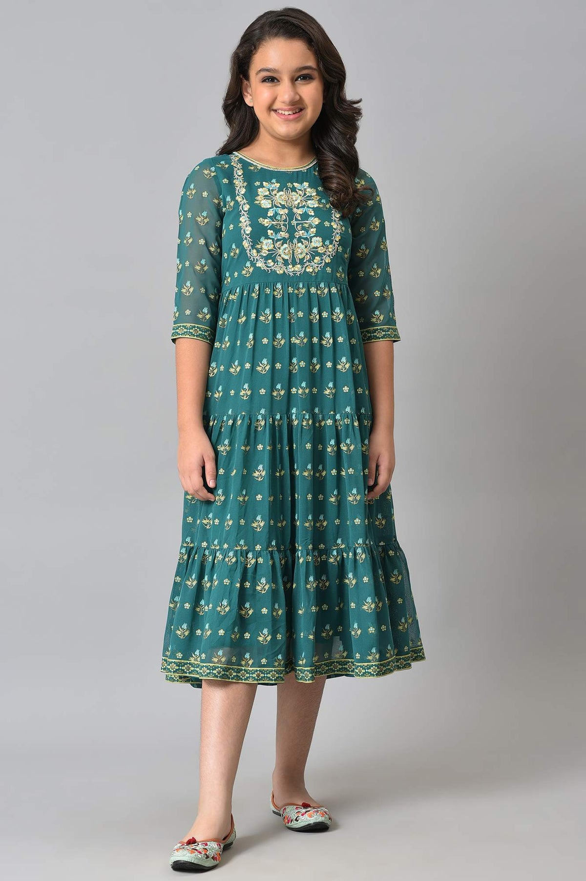 Girls Green Zari Embroidered Festive Dress - 4-5