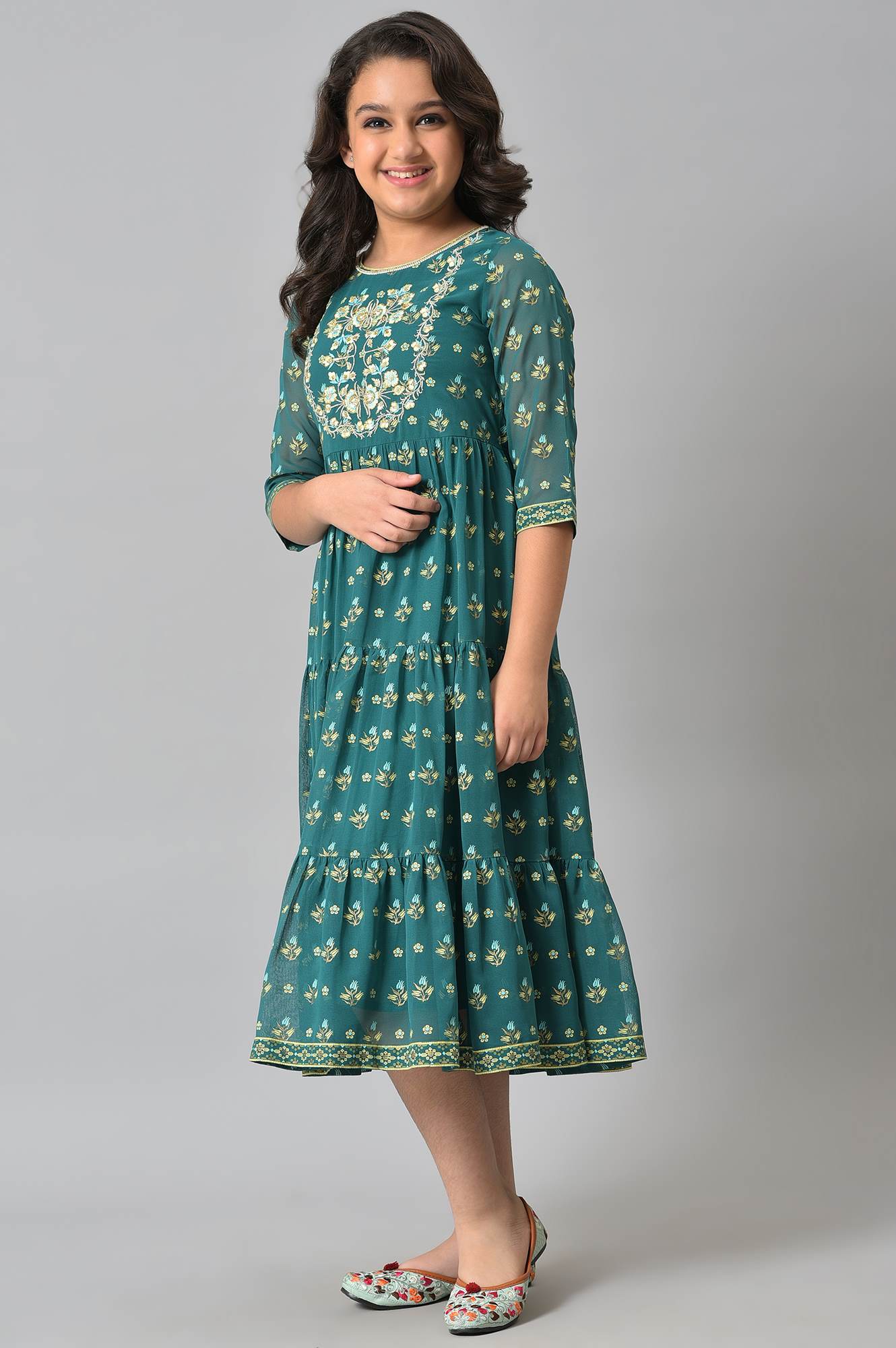 Girls Green Zari Embroidered Festive Dress