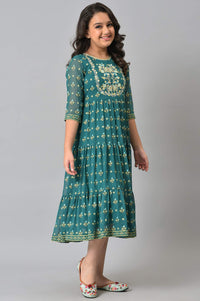 Girls Green Zari Embroidered Festive Dress