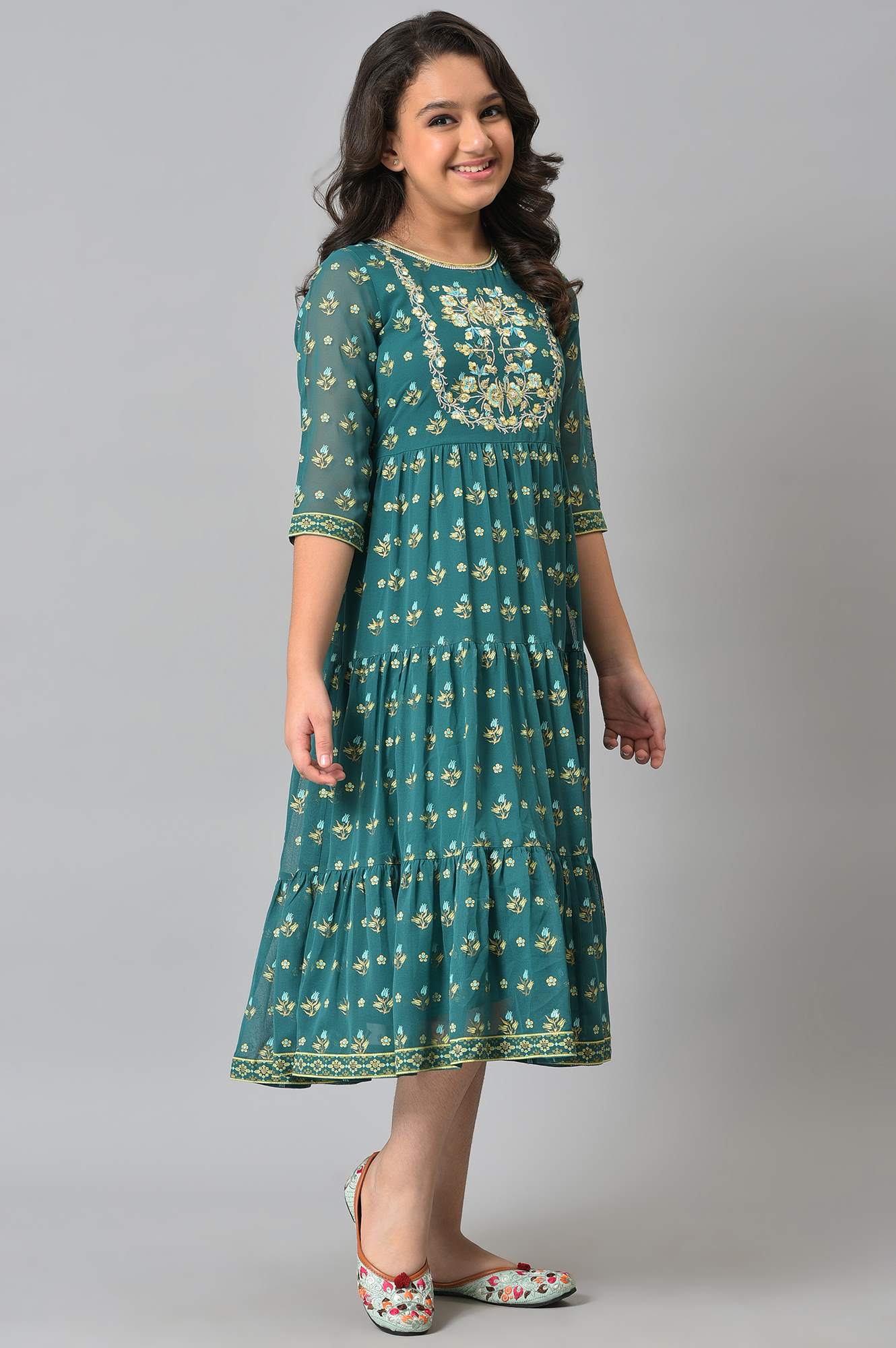 Girls Green Zari Embroidered Festive Dress