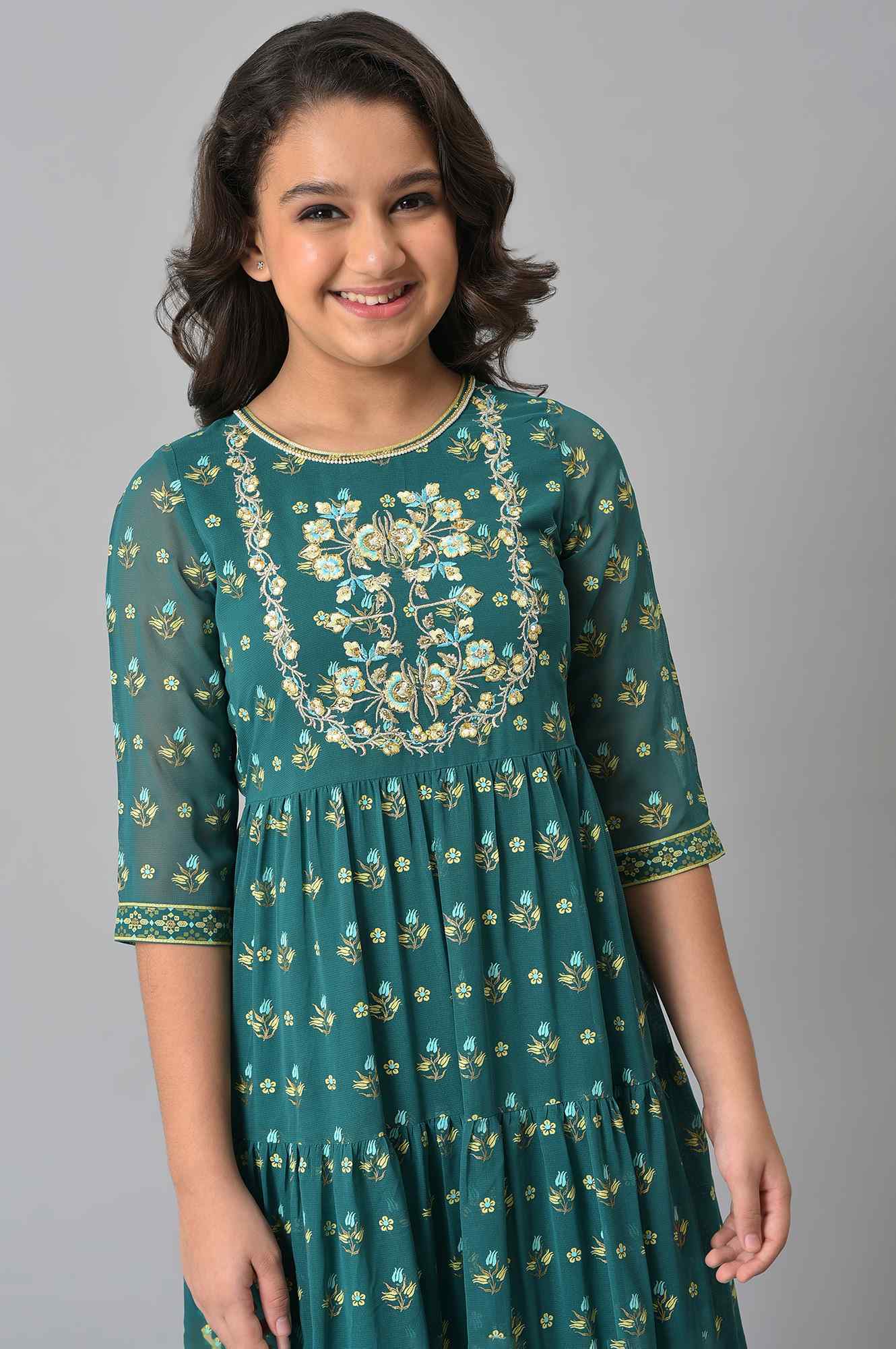 Girls Green Zari Embroidered Festive Dress