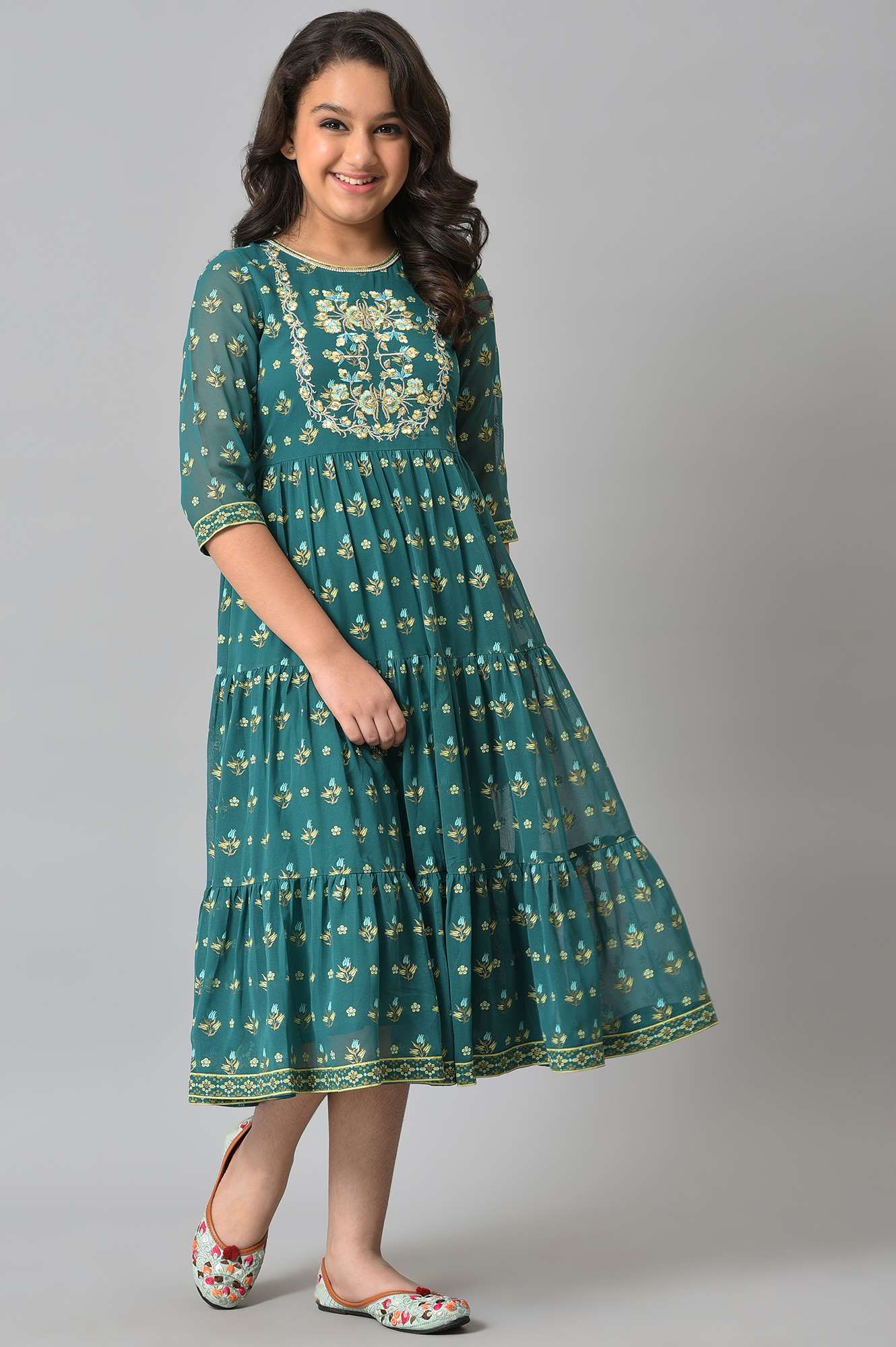 Girls Green Zari Embroidered Festive Dress