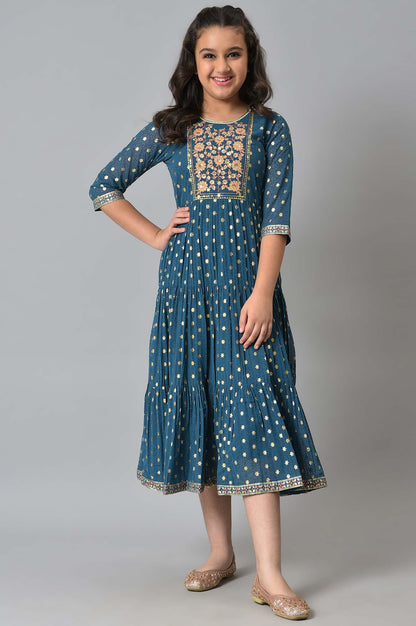 Girls Blue Zari Embroidered Festive Dress