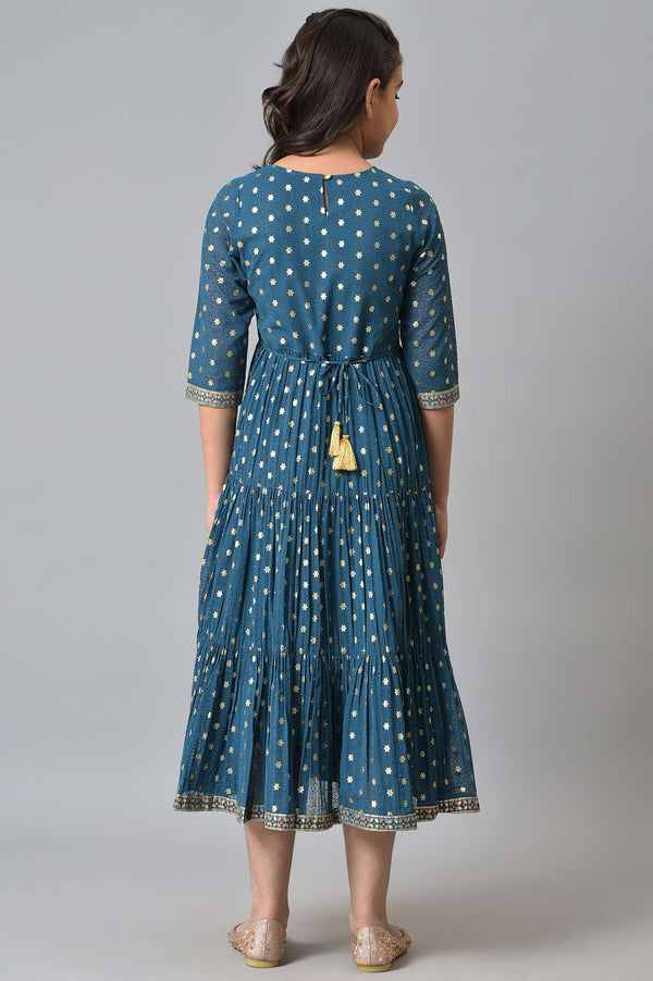 Girls Blue Zari Embroidered Festive Dress
