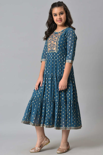 Girls Blue Zari Embroidered Festive Dress