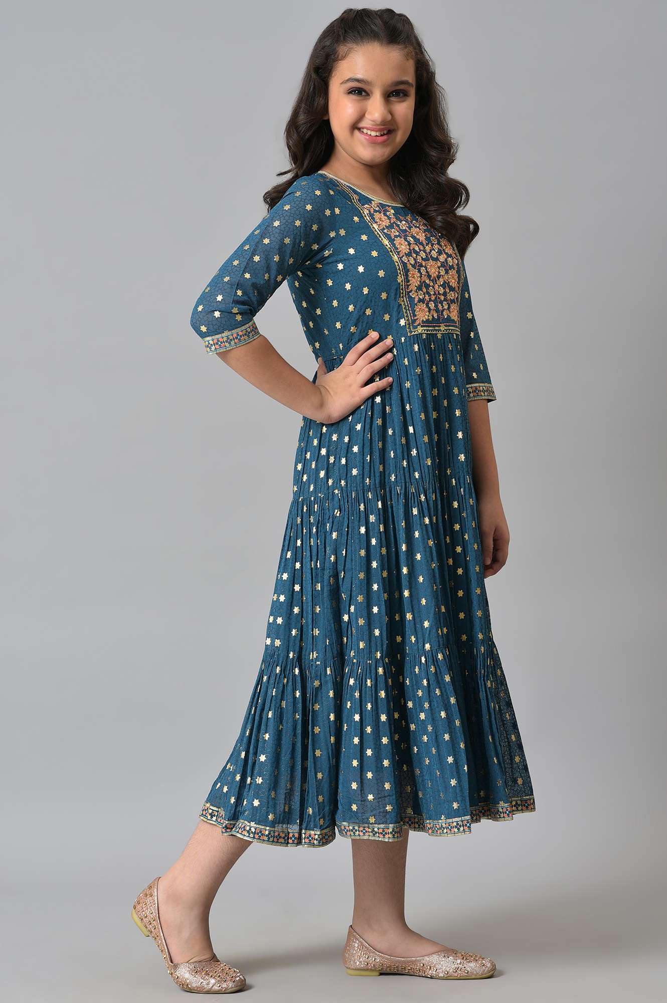 Girls Blue Zari Embroidered Festive Dress