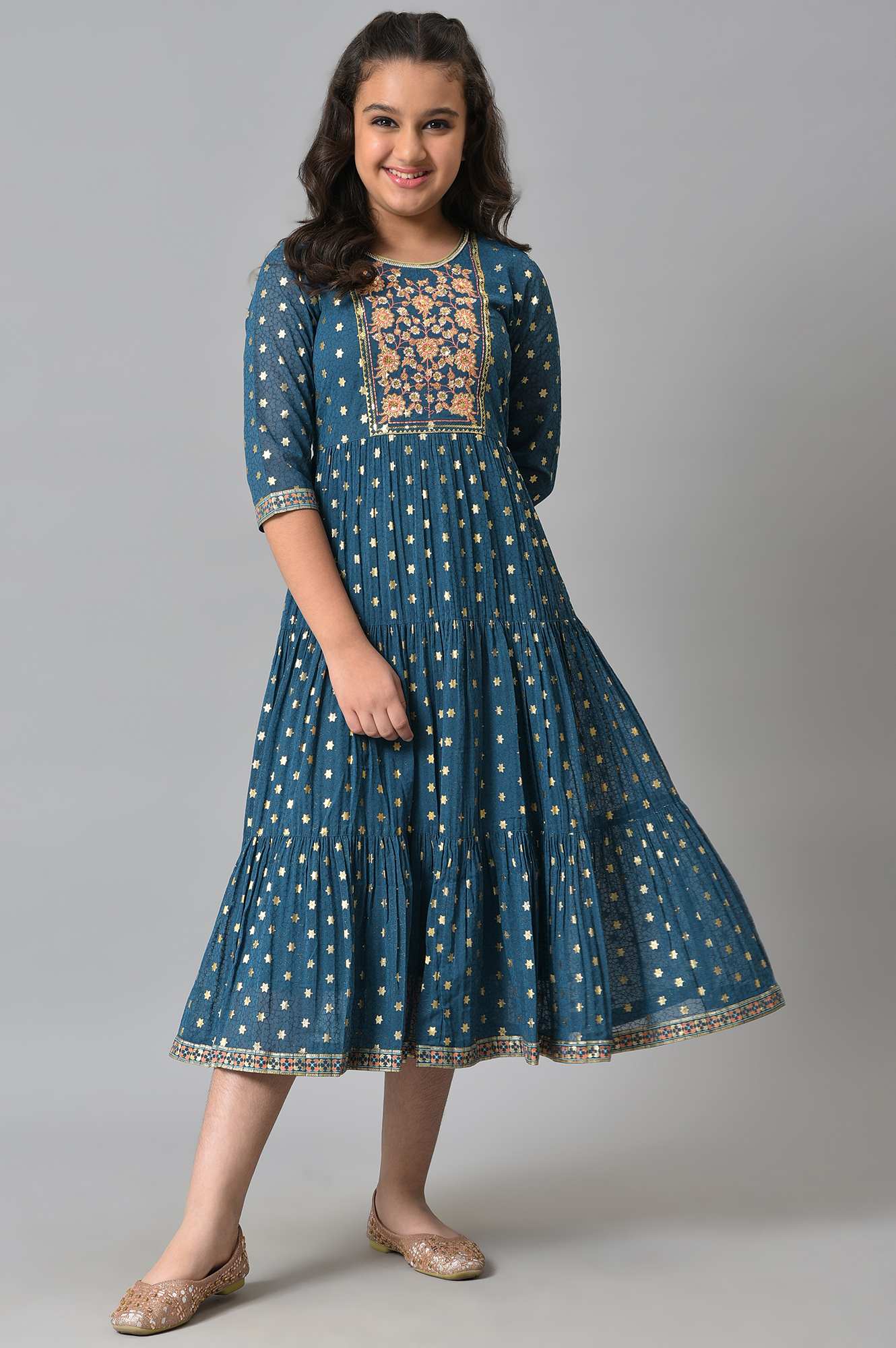 Girls Blue Zari Embroidered Festive Dress