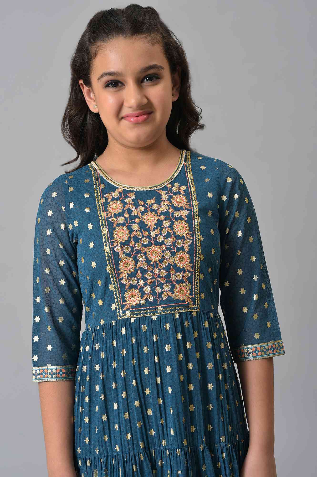 Girls Blue Zari Embroidered Festive Dress