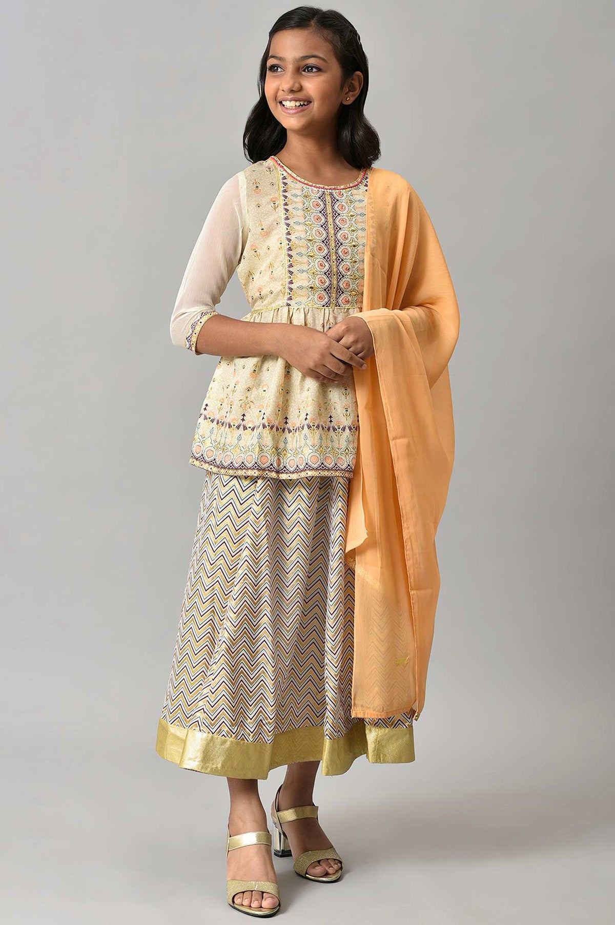 Girls Beige Floral Peplum Top With Skirt And Orange Dupatta - 08-09