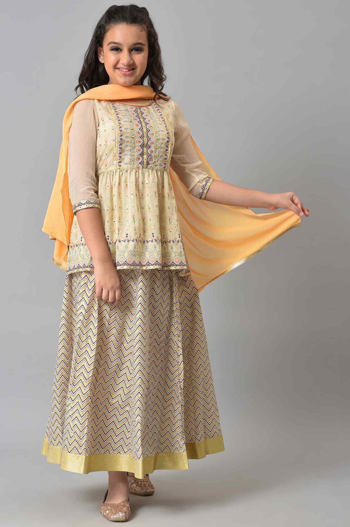 Girls Beige Floral Peplum Top With Skirt And Orange Dupatta - 4-5
