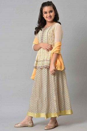 Girls Beige Floral Peplum Top With Skirt And Orange Dupatta