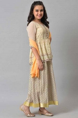 Girls Beige Floral Peplum Top With Skirt And Orange Dupatta