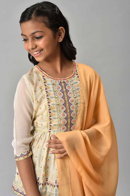 Girls Beige Floral Peplum Top With Skirt And Orange Dupatta