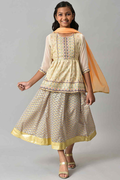 Girls Beige Floral Peplum Top With Skirt And Orange Dupatta