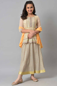 Girls Beige Floral Peplum Top With Skirt And Orange Dupatta