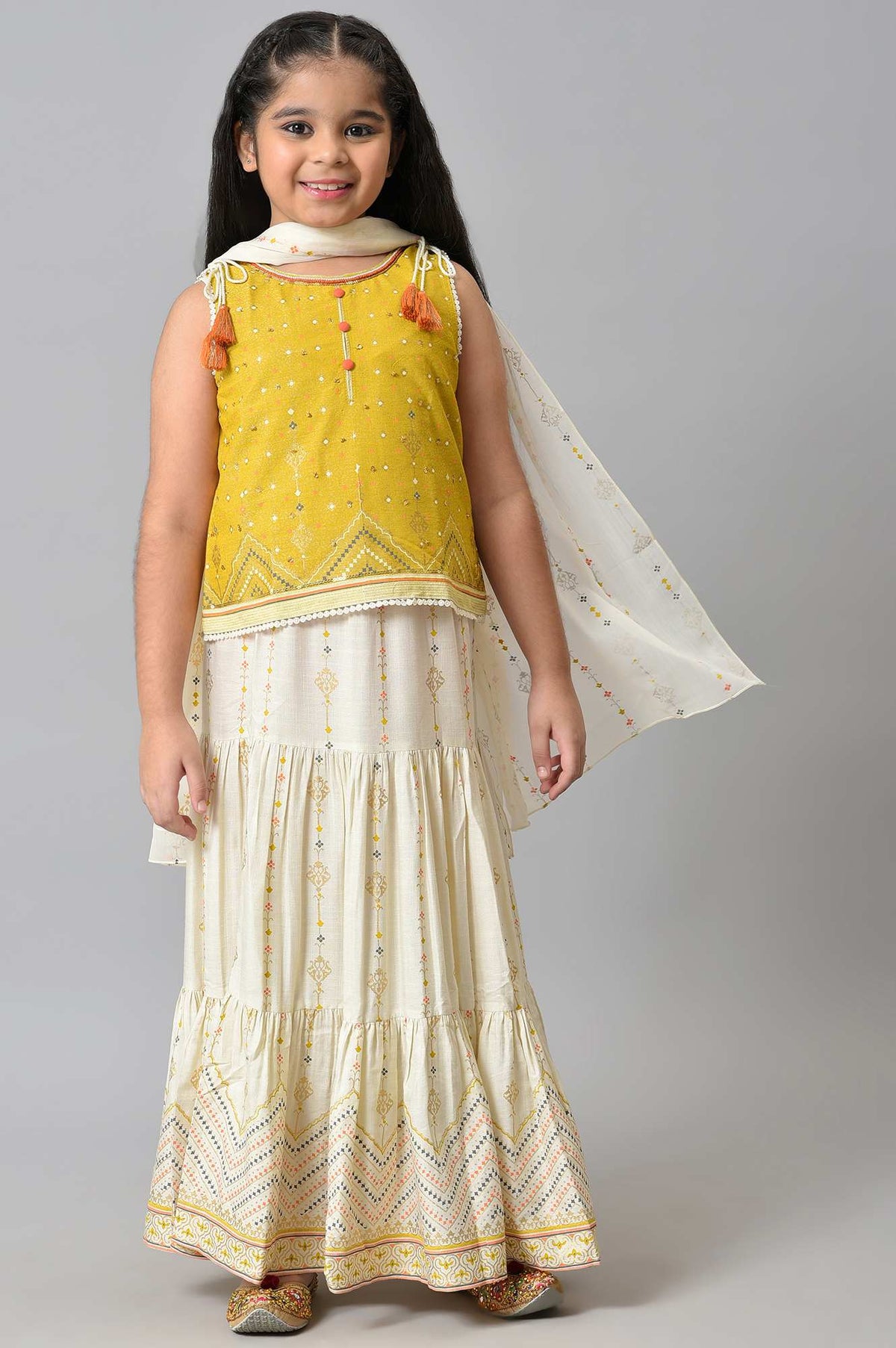 Girls Yellow Printed Sleeveless Top With White Printed Skirt And Dupatta - 08-Sep
